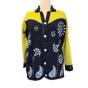 Storybook Knits Womans L - Black and Yellow Floral Paisly Knit Cardigan Sweater